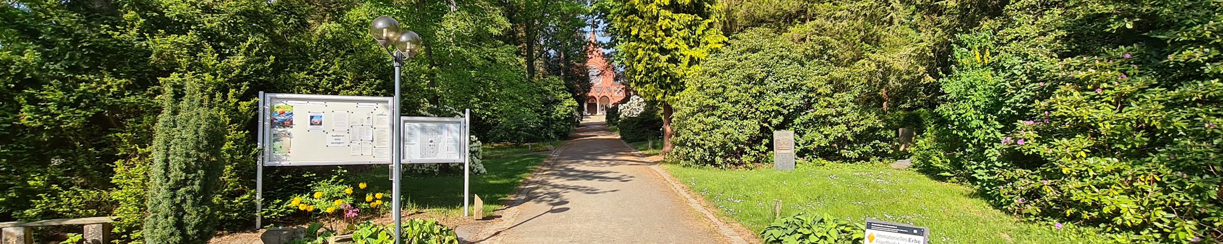 Weg zur Kirche, rechts und links Friedhof mit großen Bäumen